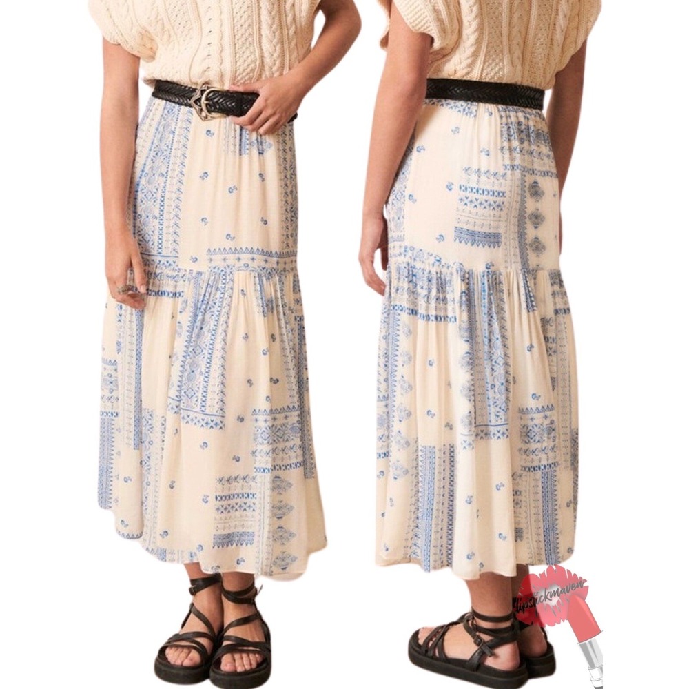 Ba&sh Skirt Women Small Londer Midi Ecru Blue Folklore Block Print Bash FLAWED